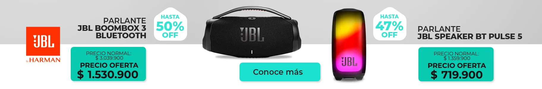 Comparativa de parlantes en oferta: Harman 70 Beats a $1.530.900 y JBL Pulse 5 a $719.900, mostrando sus precios originales y promocionales.
