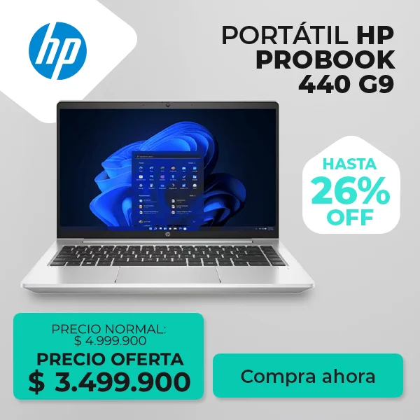 Portátil HP ProBook 440 G9 en oferta especial por $3.499.900, con 26% de descuento sobre precio normal de $4.999.900.