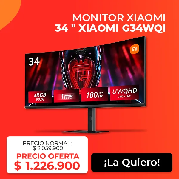 Monitor Xiaomi G34WQ 34 pulgadas, 180Hz, resolución UWQHD 3400x1400, 1ms, sRGB 100%