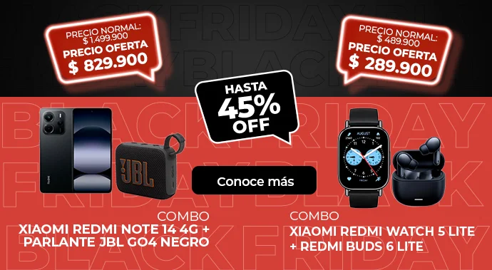 Combos Black Friday: Xiaomi Redmi Note 14 con JBL Go 4 y Redmi Watch 5 Lite con Buds 6 Lite.