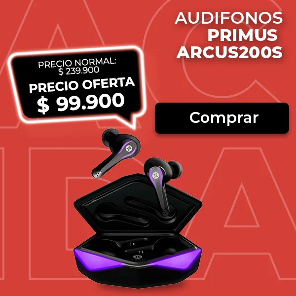 Audífonos gamer TWS Primus Arcus 200S con estuche de carga.