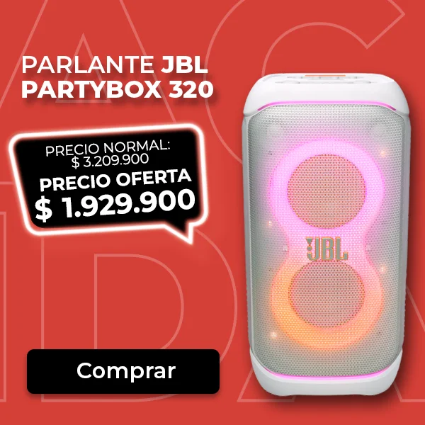 Torre de sonido JBL PartyBox 320 con luces RGB para fiestas.