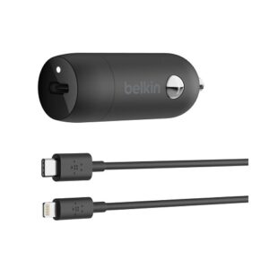 Belkin - Adaptador de corriente para el coche - 20 vatios - 3.6 A - PD (24 pin USB-C) - en el cable: Lightning - negro
