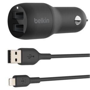 Belkin Dual Charger - Adaptador de corriente para el coche - 24 vatios - 4.8 A - 2 conectores de salida (USB) - en el cable: Lightning - negro