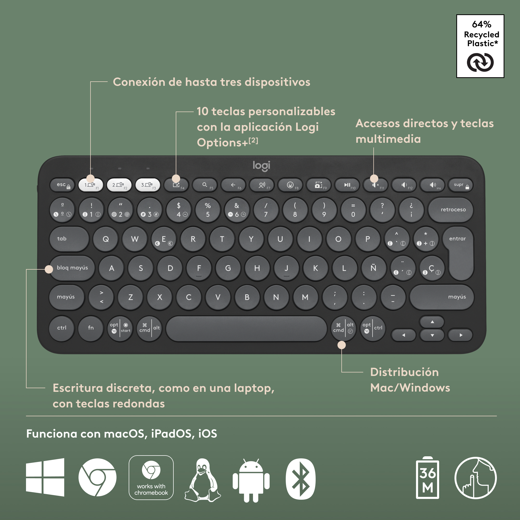 Teclado Bluetooth Multidispositivo Logitech Pebble Keys 2 K380s - Imagen 4
