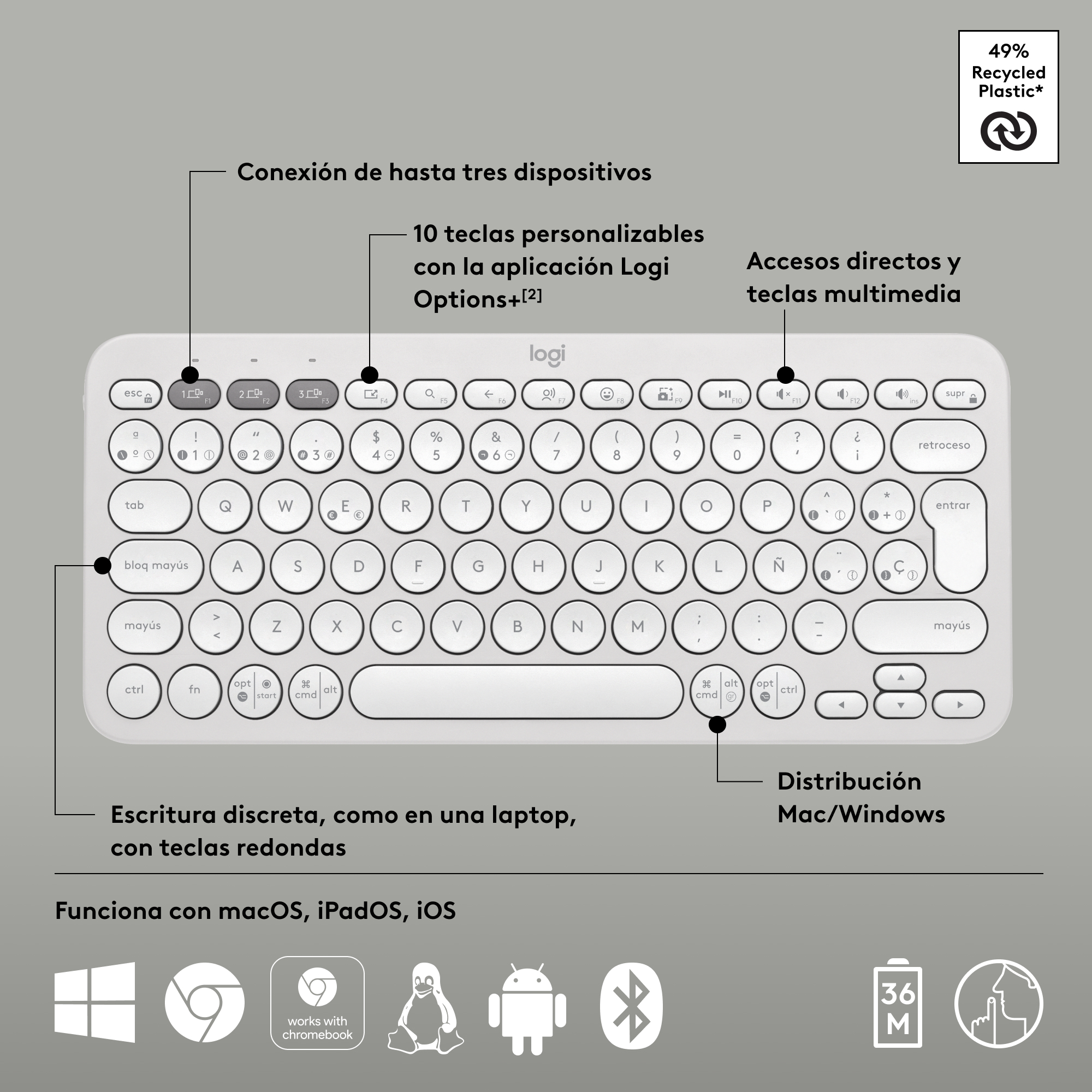 Teclado Bluetooth Multidispositivo Logitech Pebble Keys 2 K380s - Imagen 9