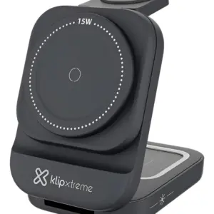 Klip Xtreme KDC-150 PowerDesk Lite cargador inalámbrico 3 en 1 | Carga simultánea de smartphone, Apple Watch y audífonos TWS | Hasta 15 W para smartphones Qi compatibles