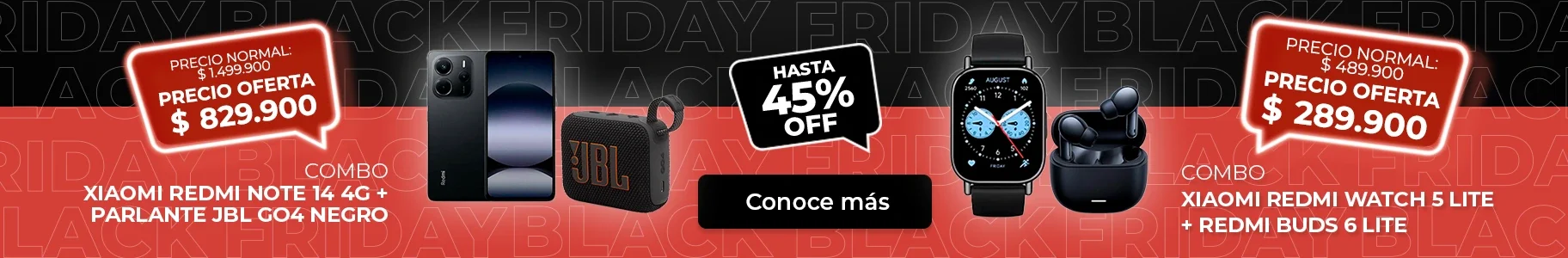 Combos Black Friday: Xiaomi Redmi Note 14 con JBL Go 4 y Redmi Watch 5 Lite con Buds 6 Lite.