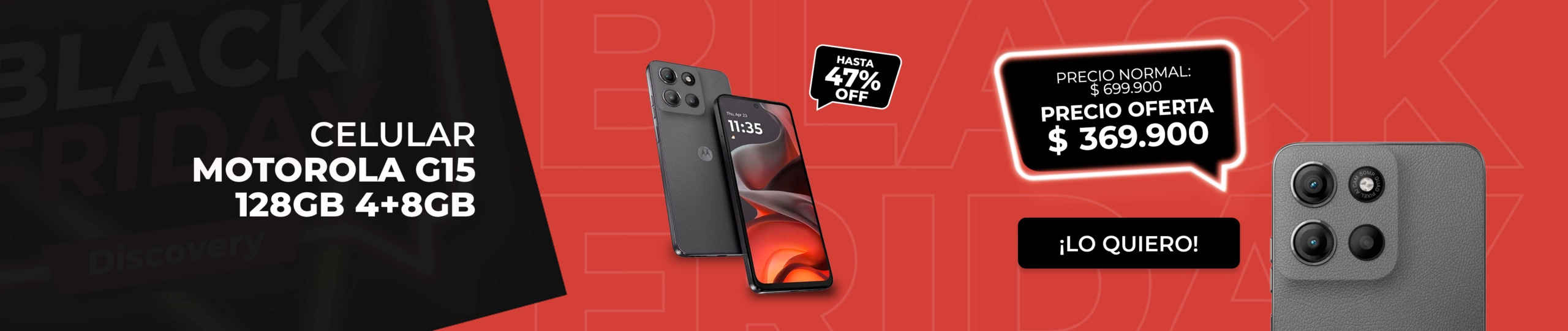 Banner Black Friday Discovery con ofertas de hasta 58% de descuento en tecnología, televisores, celulares y scooters.
