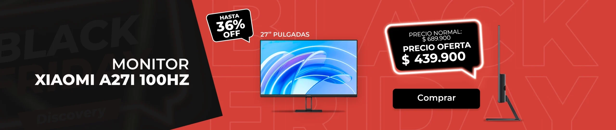 Banner Black Friday Discovery con ofertas de hasta 58% de descuento en tecnología, televisores, celulares y scooters.