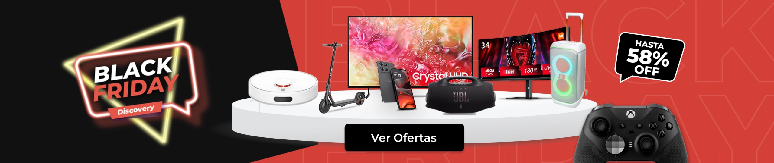 Banner Black Friday Discovery con ofertas de hasta 58% de descuento en tecnología, televisores, celulares y scooters.